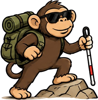 Ape hiking with a backpack